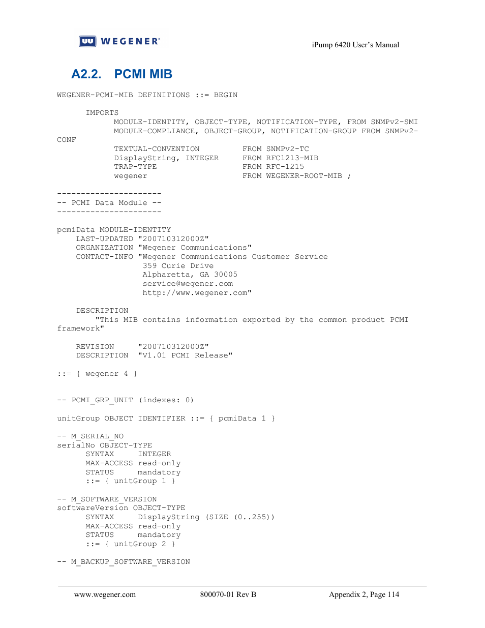 A2.2. pcmi mib | Wegener Communications 6420 User Manual | Page 118 / 135