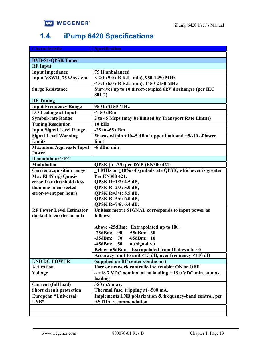 Ipump 6420 specifications | Wegener Communications 6420 User Manual | Page 17 / 135