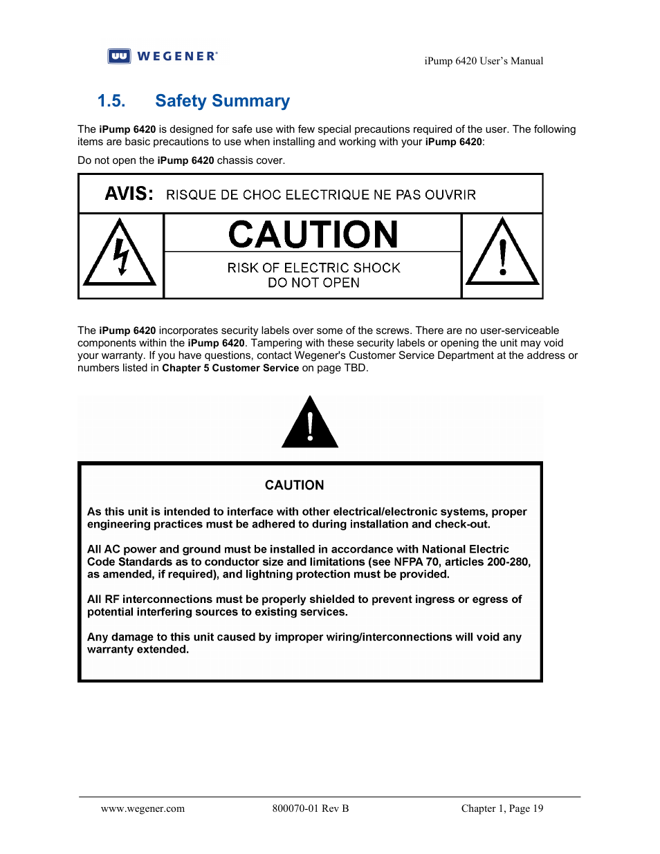 Safety summary | Wegener Communications 6420 User Manual | Page 23 / 135