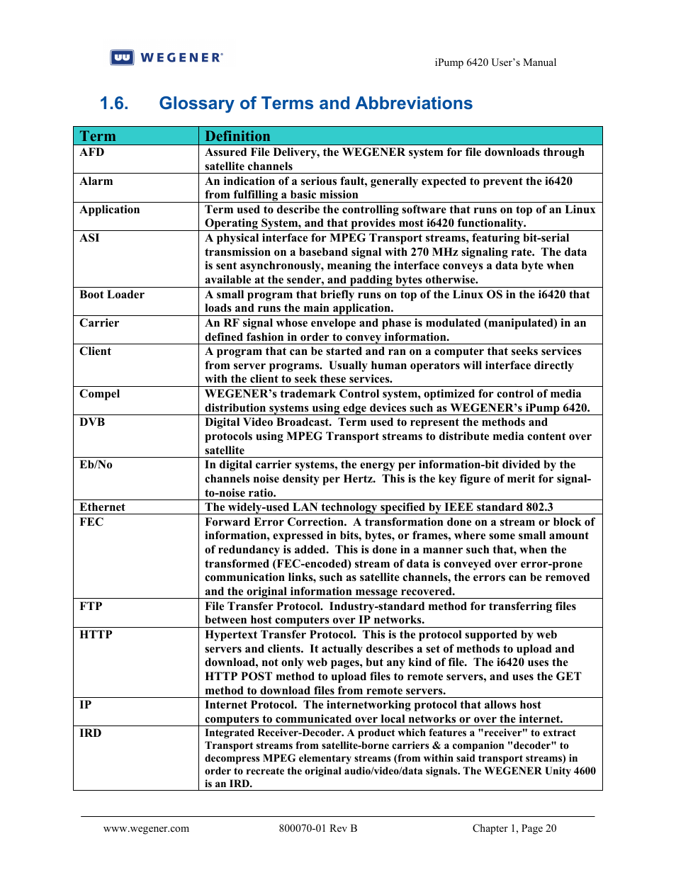 Glossary of terms and abbreviations, Term definition | Wegener Communications 6420 User Manual | Page 24 / 135