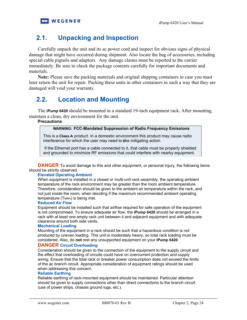 Unpacking and inspection, Location and mounting | Wegener Communications 6420 User Manual | Page 28 / 135