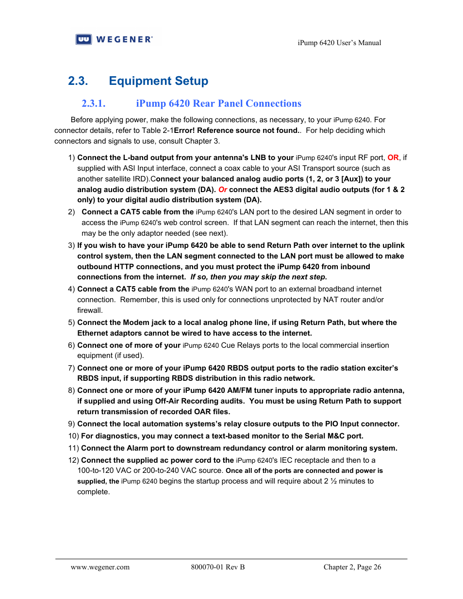 Equipment setup, Ipump 6420 rear panel connections | Wegener Communications 6420 User Manual | Page 30 / 135