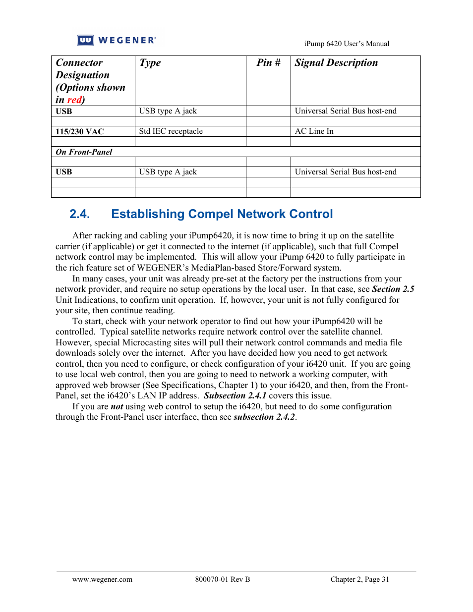 Establishing compel network control | Wegener Communications 6420 User Manual | Page 35 / 135