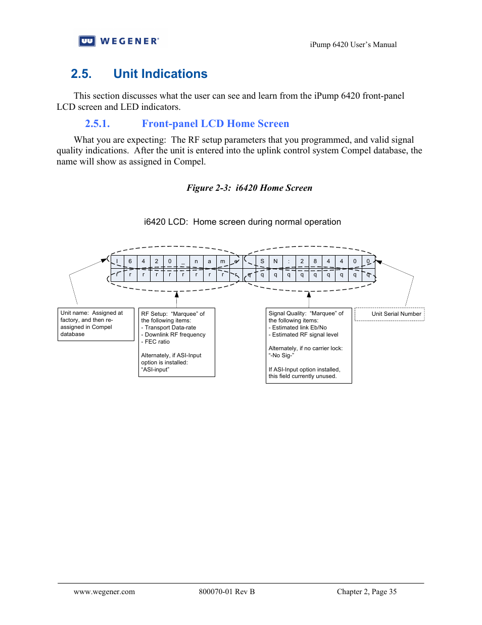 Unit indications, Front-panel lcd home screen, I6420 lcd: home screen during normal operation | Wegener Communications 6420 User Manual | Page 39 / 135