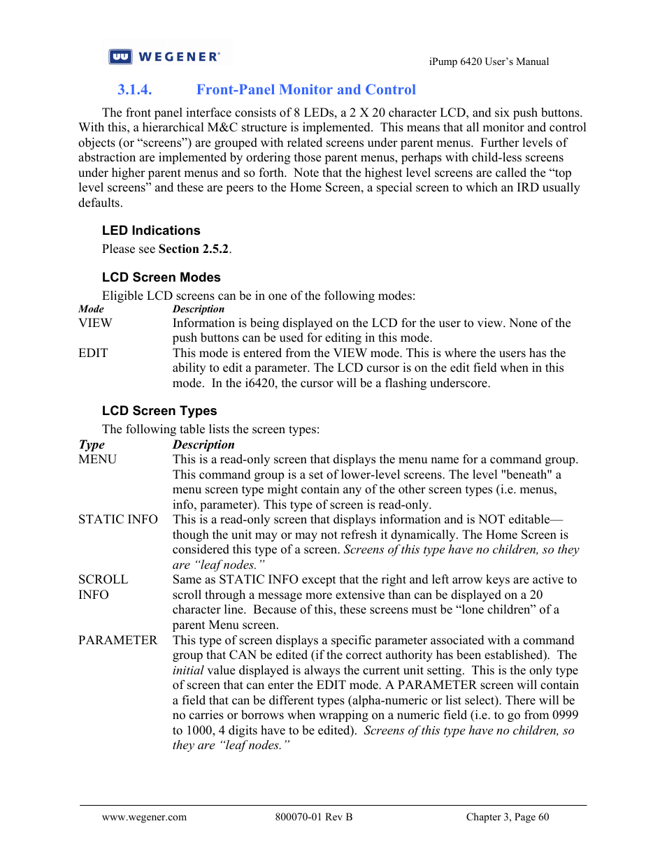 Front-panel monitor and control | Wegener Communications 6420 User Manual | Page 64 / 135