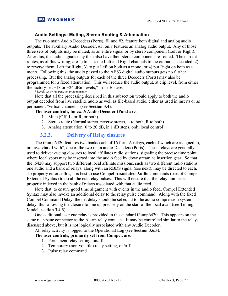 Delivery of relay closures | Wegener Communications 6420 User Manual | Page 76 / 135