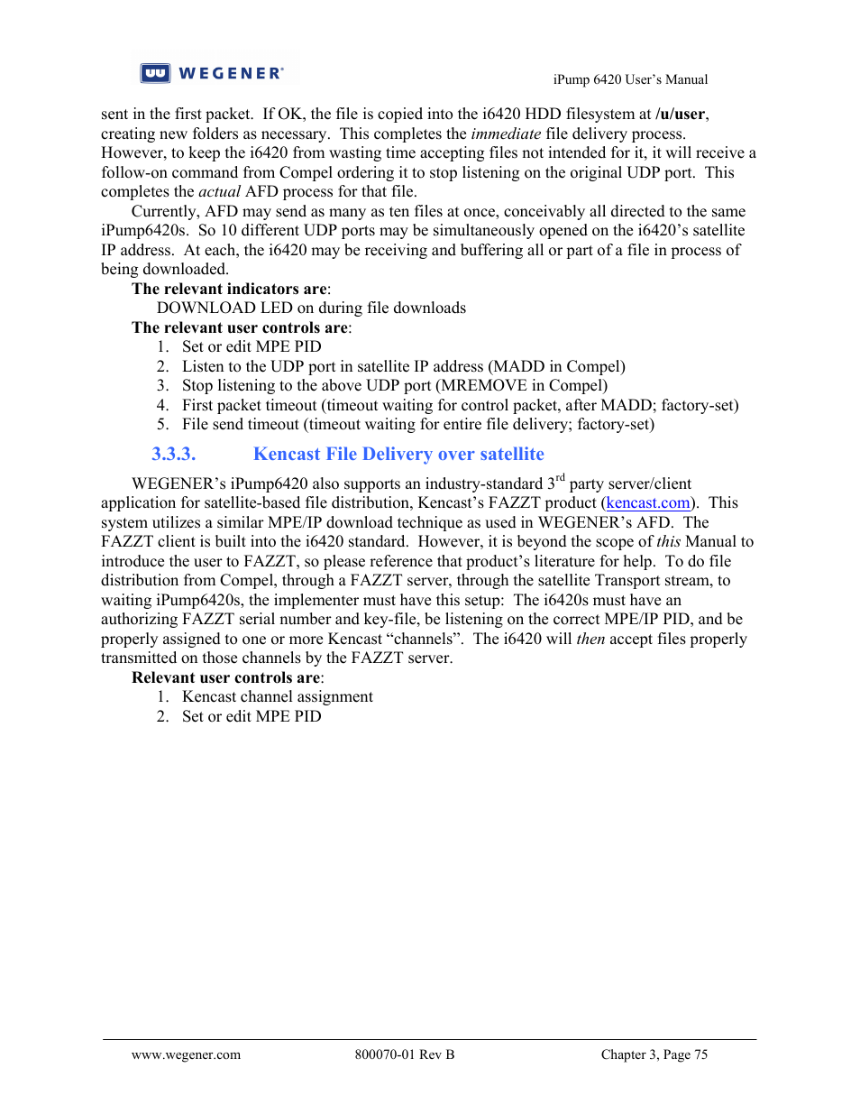 Kencast file delivery over satellite | Wegener Communications 6420 User Manual | Page 79 / 135