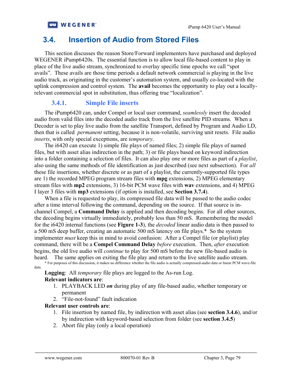 Insertion of audio from stored files | Wegener Communications 6420 User Manual | Page 83 / 135