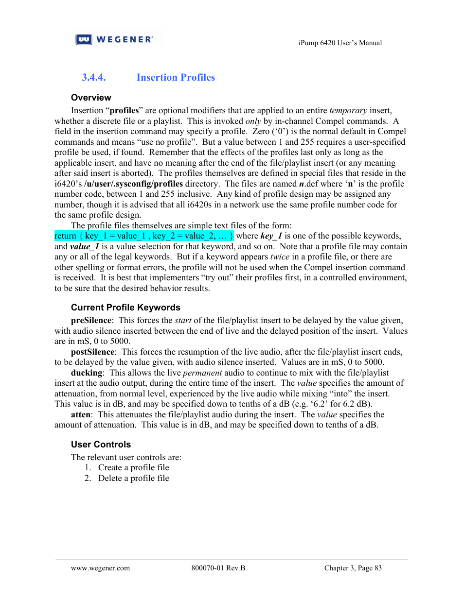 Insertion profiles | Wegener Communications 6420 User Manual | Page 87 / 135