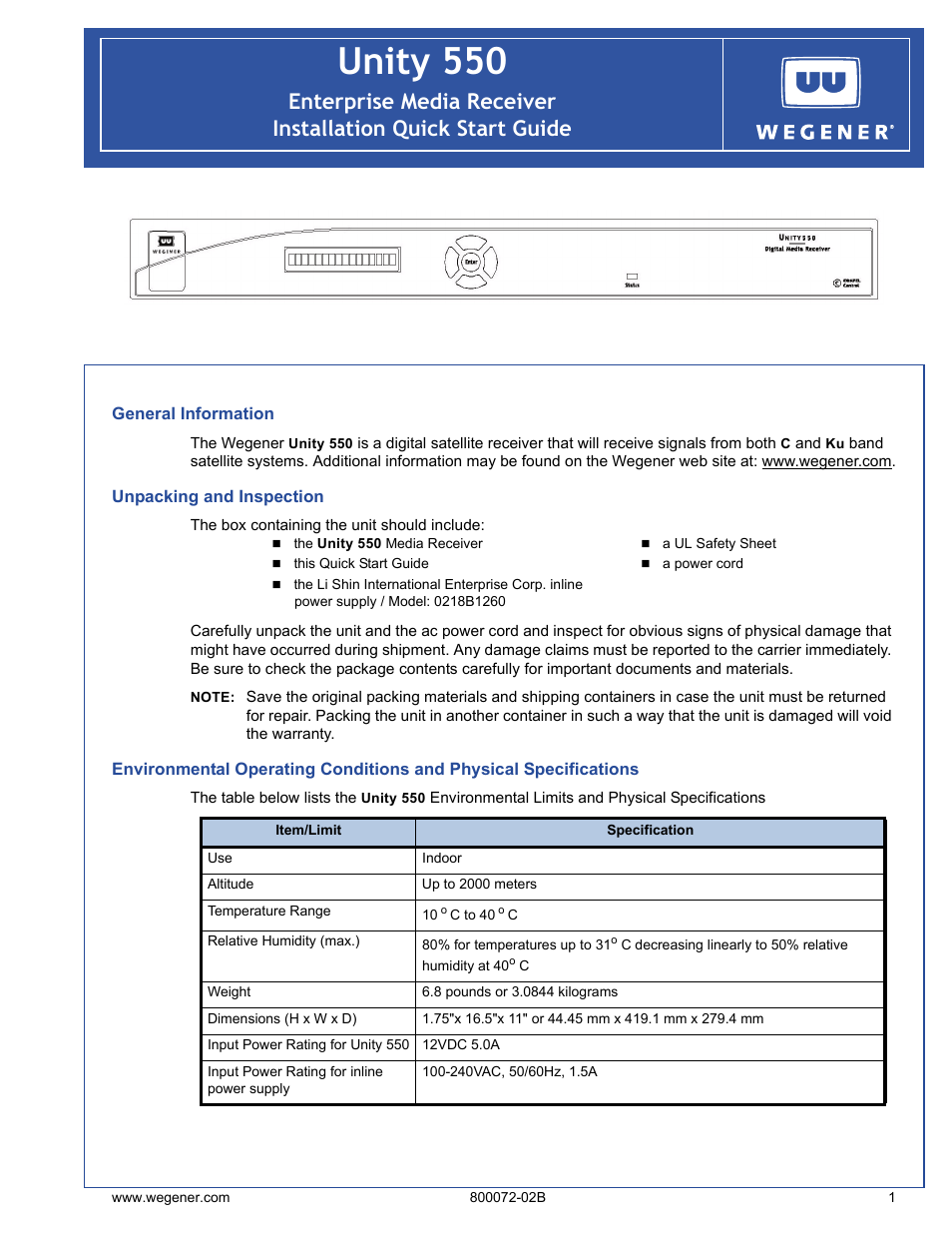 Wegener Communications UNITY 550 User Manual | 7 pages