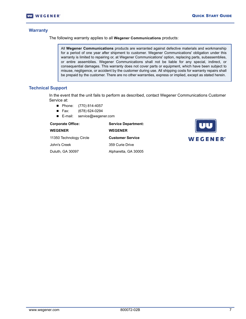 Wegener Communications UNITY 550 User Manual | Page 7 / 7