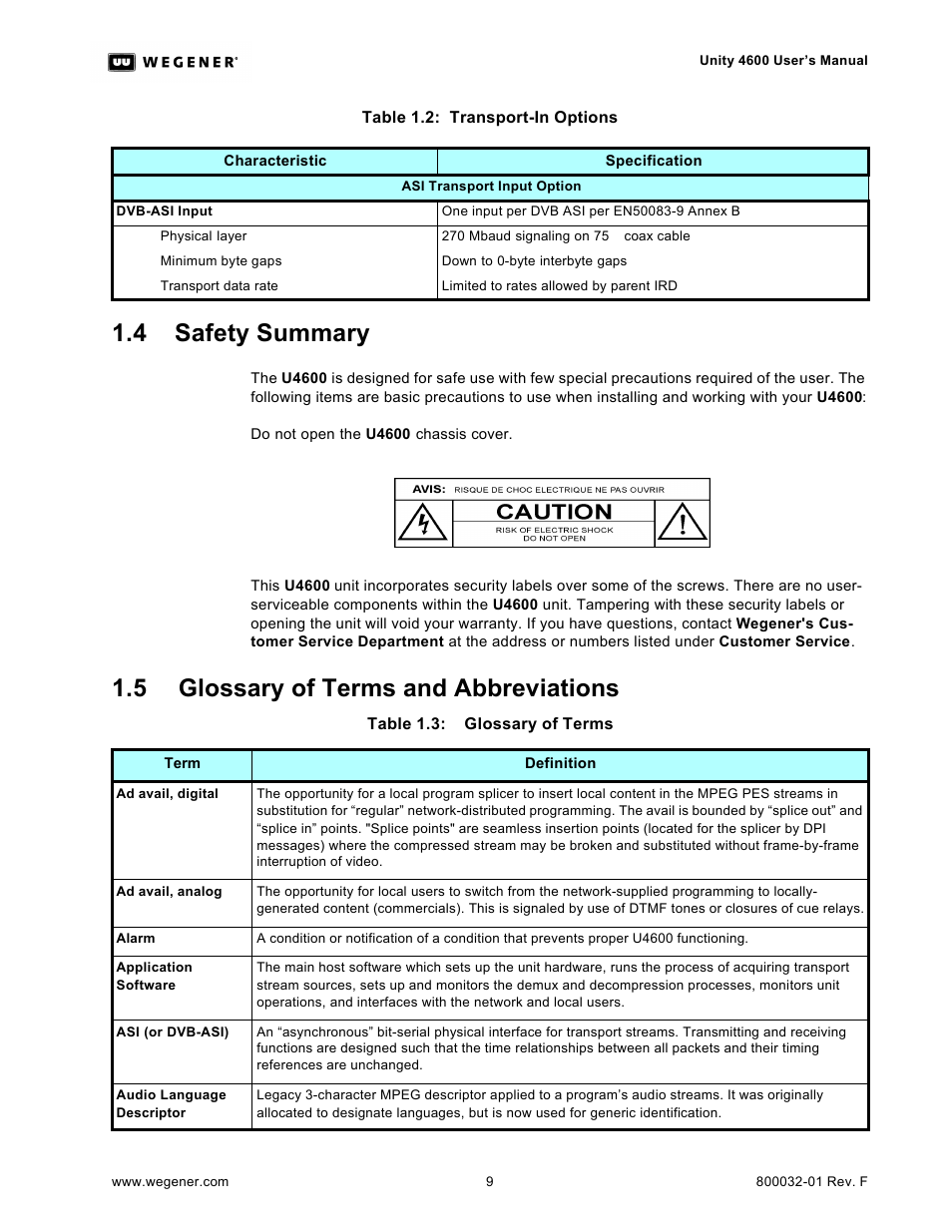 4 safety summary, Glossary of terms and abbreviations | Wegener Communications UNITY 4600 User Manual | Page 17 / 70