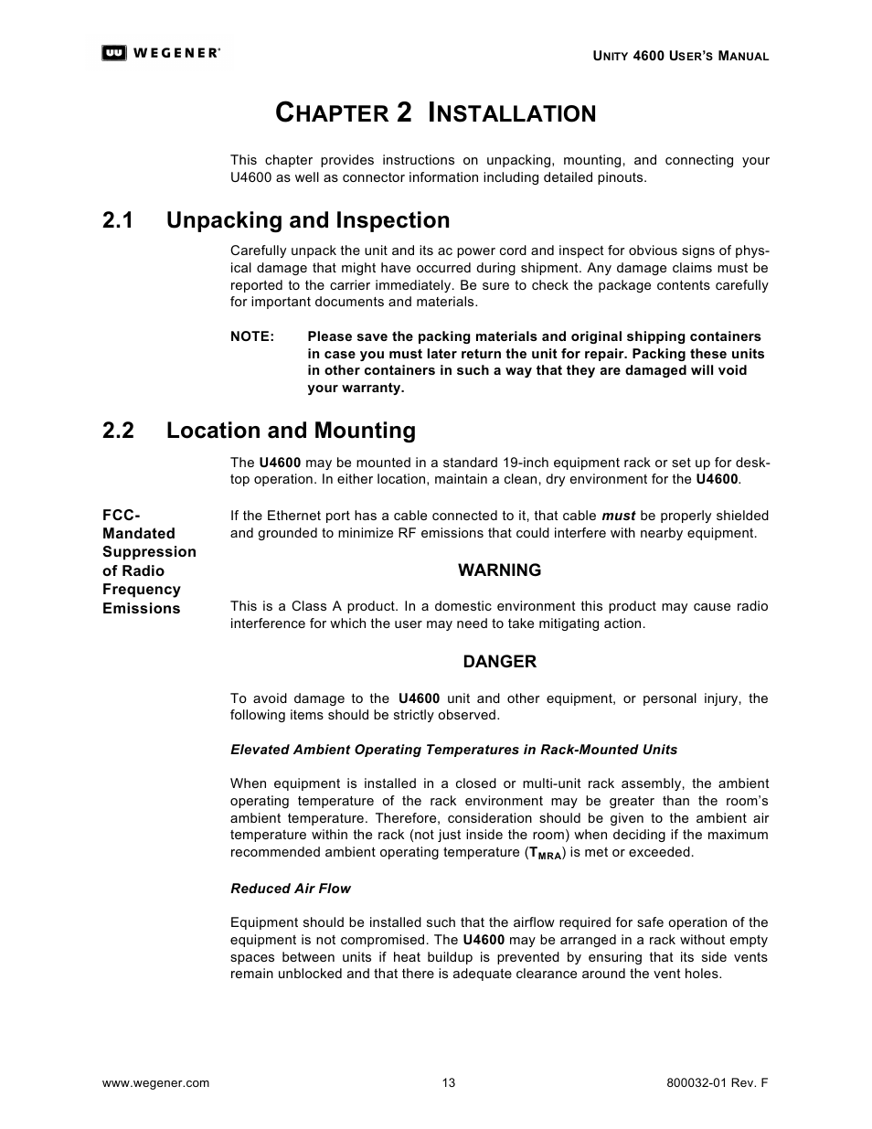 Hapter, Nstallation, 1 unpacking and inspection | 2 location and mounting | Wegener Communications UNITY 4600 User Manual | Page 21 / 70