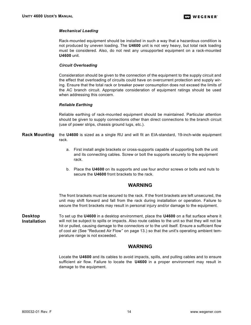 Warning | Wegener Communications UNITY 4600 User Manual | Page 22 / 70