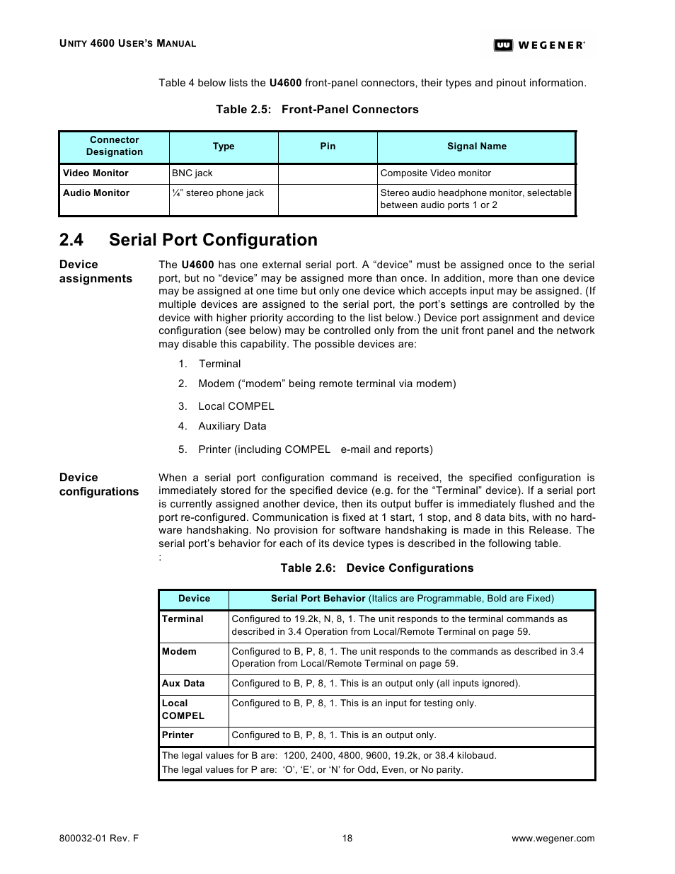 4 serial port configuration | Wegener Communications UNITY 4600 User Manual | Page 26 / 70