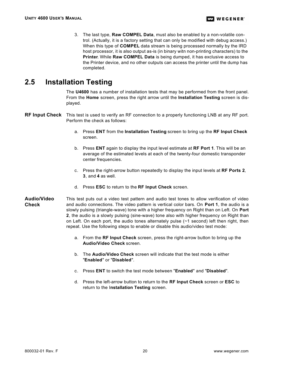 5 installation testing | Wegener Communications UNITY 4600 User Manual | Page 28 / 70