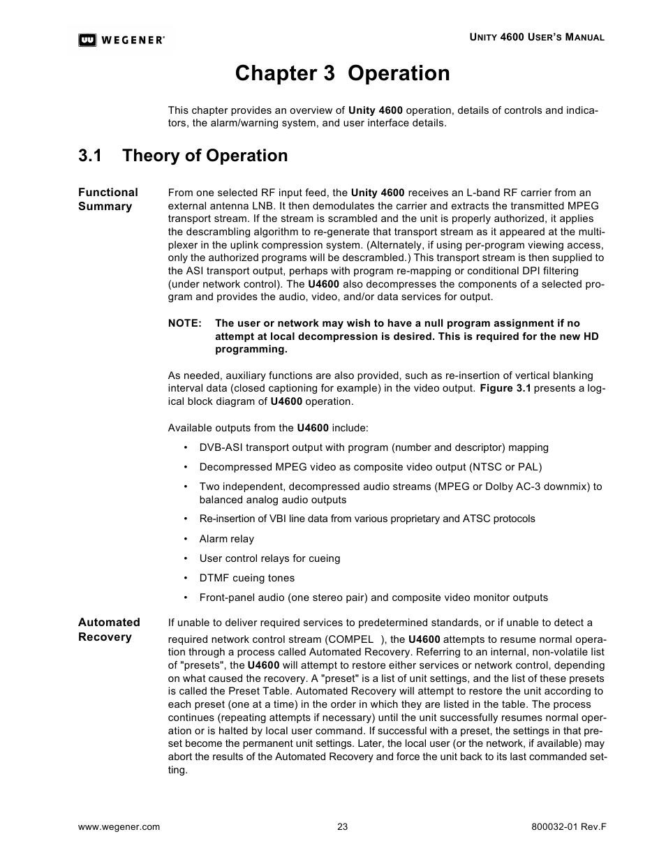 Chapter 3 operation, 1 theory of operation | Wegener Communications UNITY 4600 User Manual | Page 31 / 70