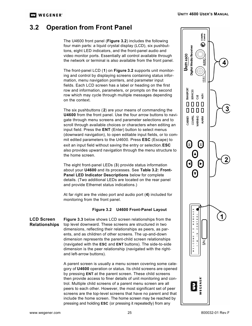 2 operation from front panel | Wegener Communications UNITY 4600 User Manual | Page 33 / 70