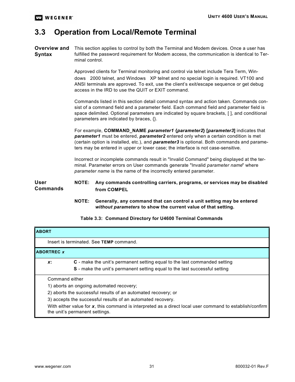 3 operation from local/remote terminal | Wegener Communications UNITY 4600 User Manual | Page 39 / 70