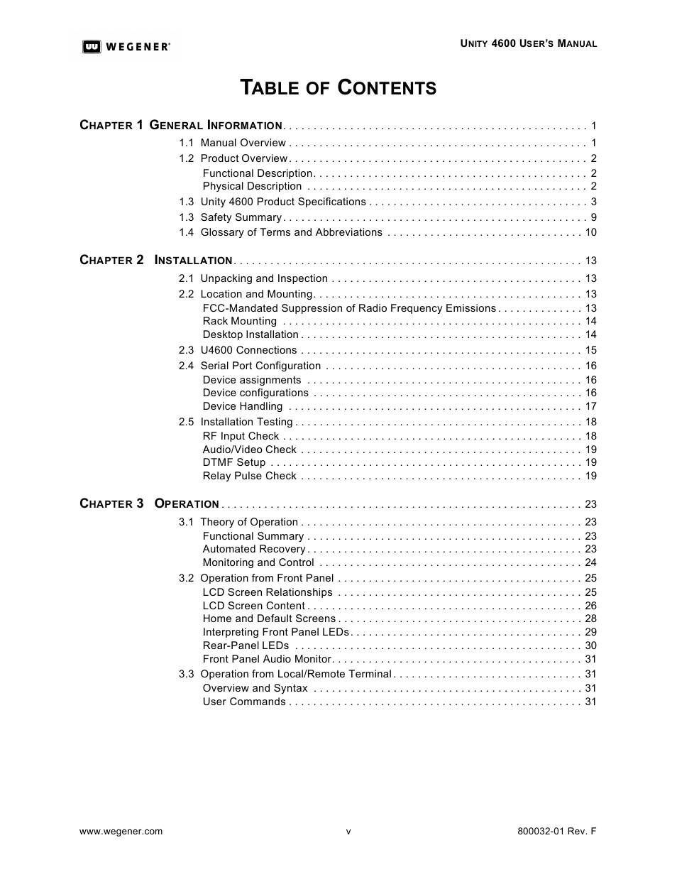 Able, Ontents | Wegener Communications UNITY 4600 User Manual | Page 5 / 70