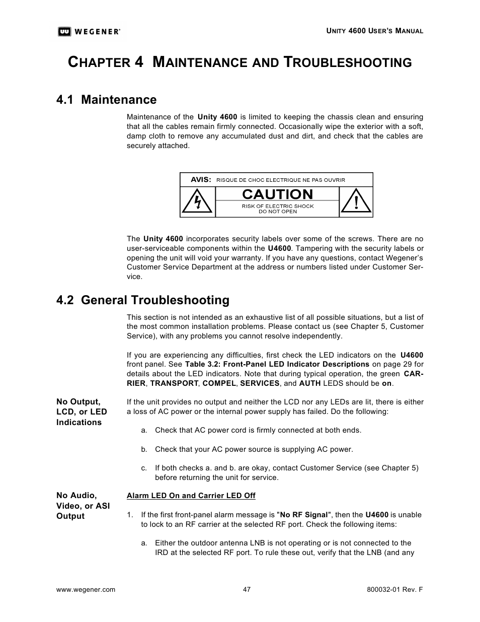 Hapter, Aintenance, Roubleshooting 4.1 maintenance | 2 general troubleshooting | Wegener Communications UNITY 4600 User Manual | Page 55 / 70