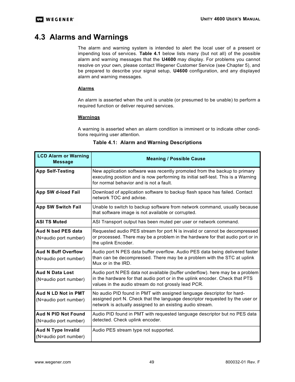 3 alarms and warnings | Wegener Communications UNITY 4600 User Manual | Page 57 / 70