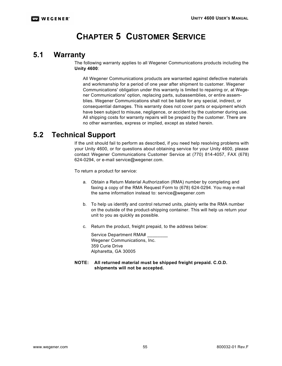 Hapter, Ustomer, Ervice 5.1 warranty | 2 technical support | Wegener Communications UNITY 4600 User Manual | Page 63 / 70