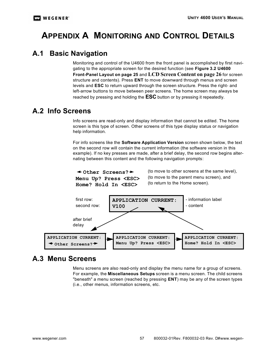 Ppendix, Onitoring, Ontrol | Etails a.1 basic navigation, A.2 info screens, A.3 menu screens | Wegener Communications UNITY 4600 User Manual | Page 65 / 70
