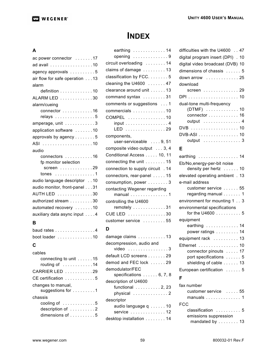 Ndex | Wegener Communications UNITY 4600 User Manual | Page 67 / 70