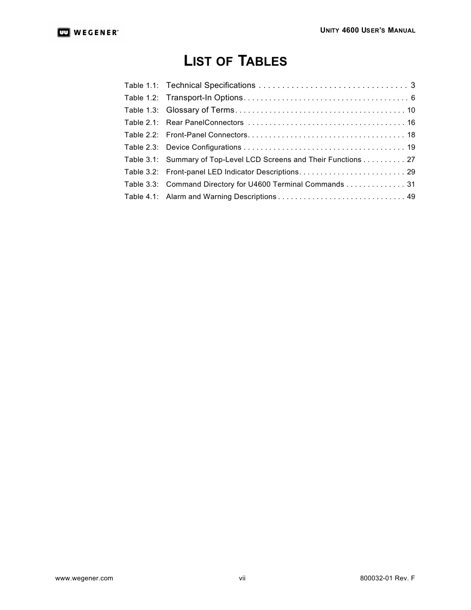 Ables | Wegener Communications UNITY 4600 User Manual | Page 7 / 70