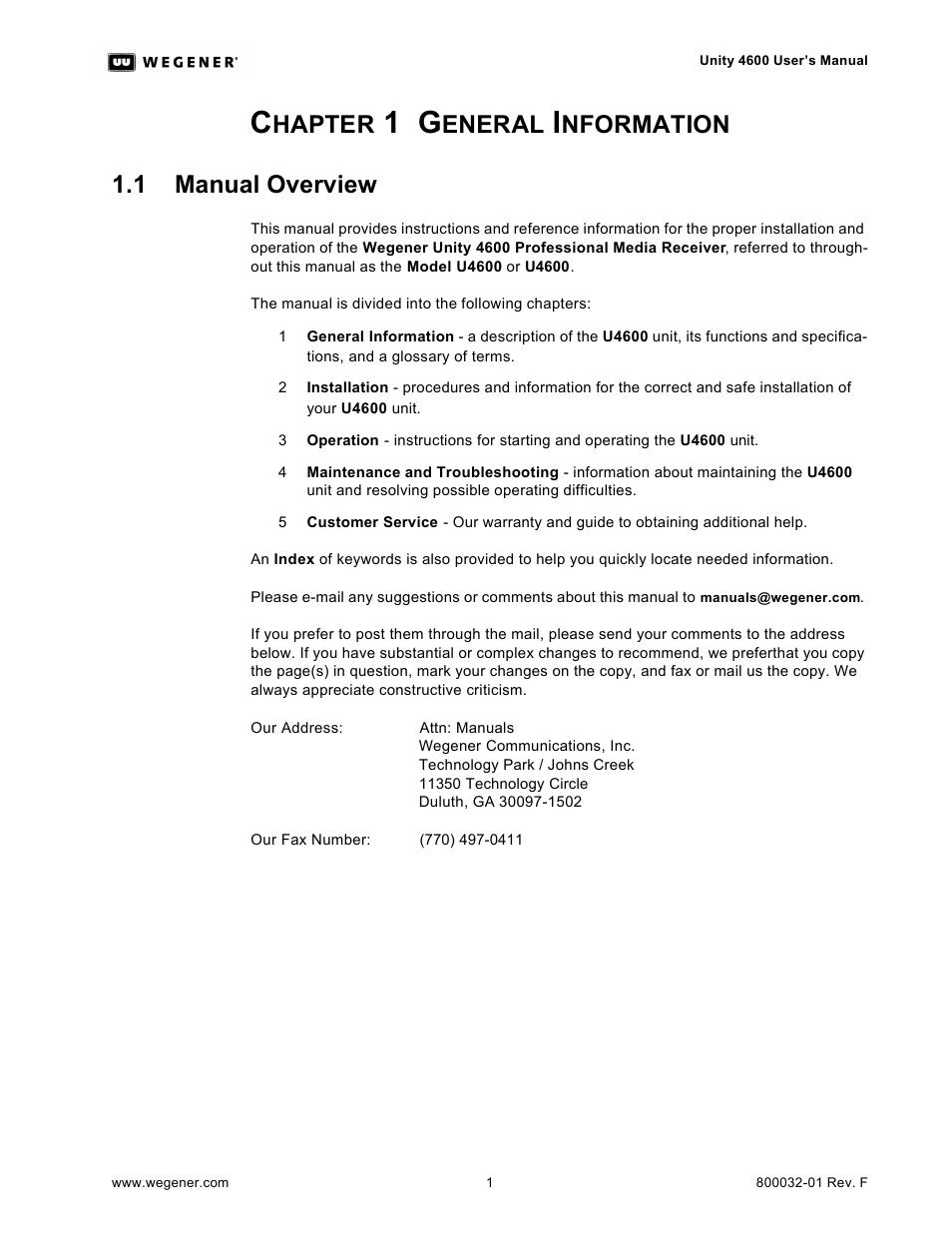 Hapter, Eneral, Nformation 1.1 manual overview | Wegener Communications UNITY 4600 User Manual | Page 9 / 70