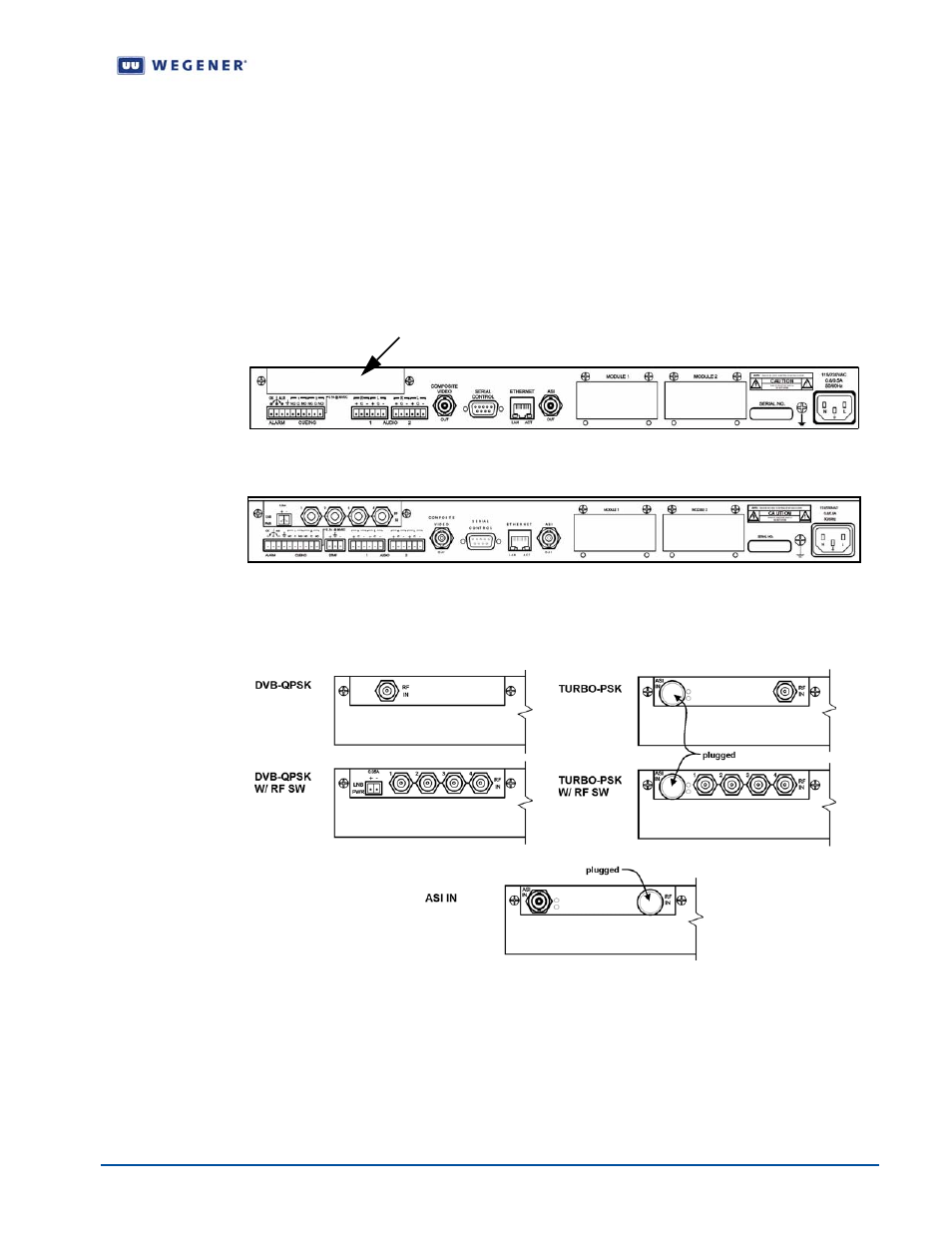 3 unity 4600 connections, Rear panel views, Transport in options | Rear panel connectors, Figure 1.2, Unity 4600 rear panel without dtmf, Figure 1.3, Unity 4600 rear panel with dtmf, Figure 1.4, Unity 4600 transport in options | Wegener Communications UNITY 4600 User Manual | Page 25 / 75