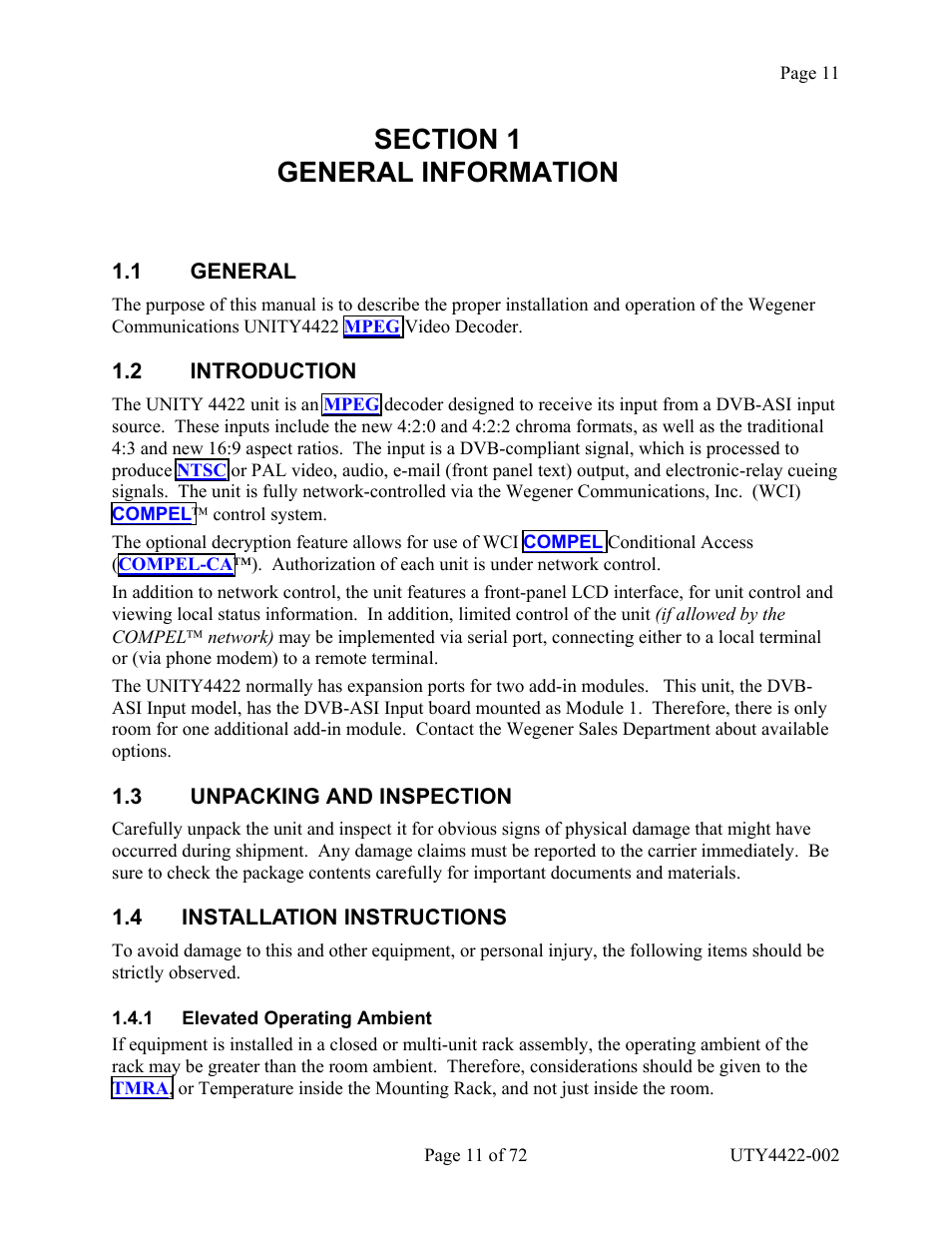 General, Introduction, Unpacking and inspection | Installation instructions, Elevated operating ambient, Section 1 general information, Levated, Perating, Mbient | Wegener Communications 4422 User Manual | Page 11 / 72