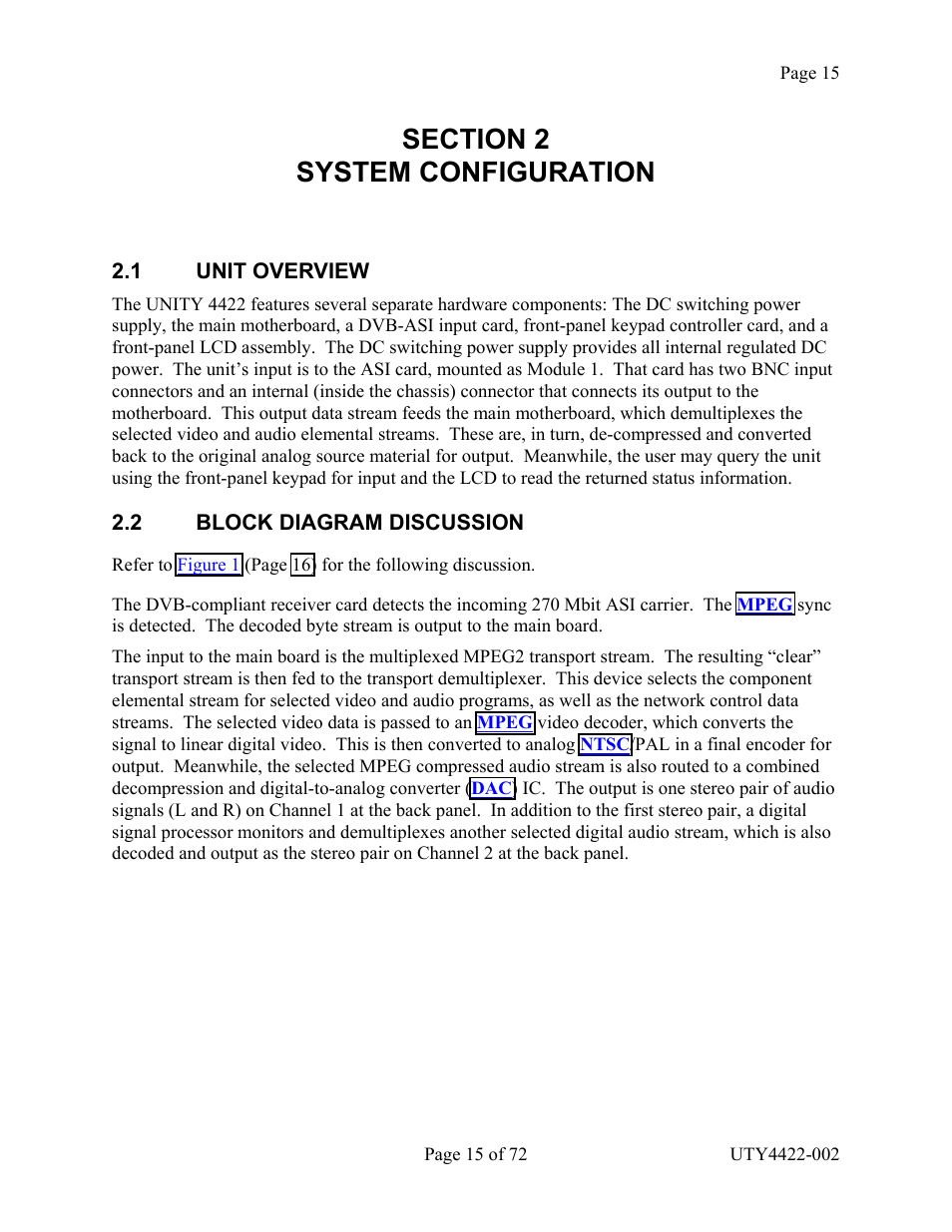 Unit overview, Block diagram discussion, Section 2 system configuration | 1 unit overview 2.2 block diagram discussion | Wegener Communications 4422 User Manual | Page 15 / 72