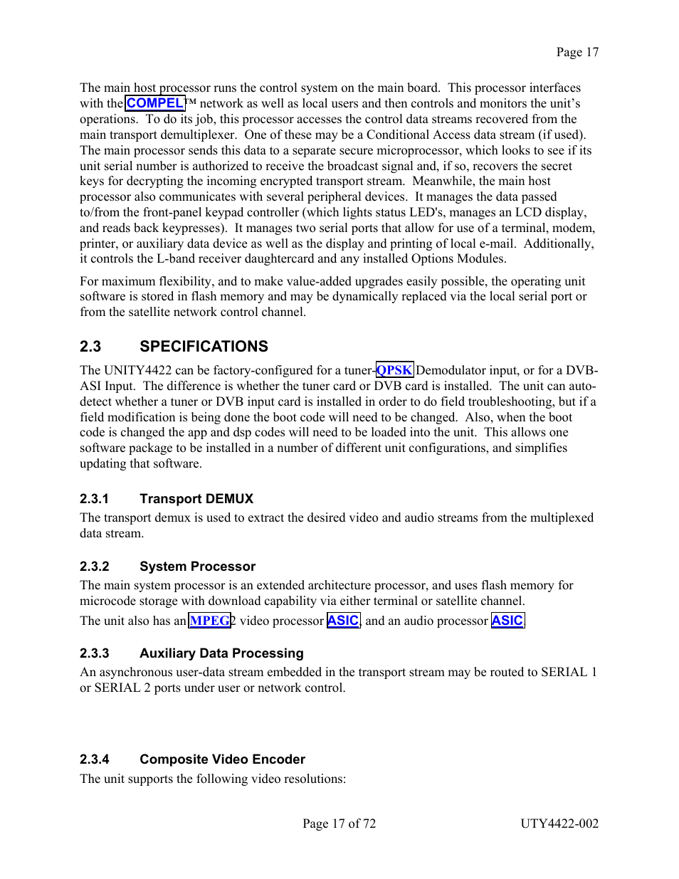 Specifications, Transport demux, System processor | Auxiliary data processing, Composite video encoder, 3 specifications, Ransport, Demux, Ystem, Rocessor | Wegener Communications 4422 User Manual | Page 17 / 72