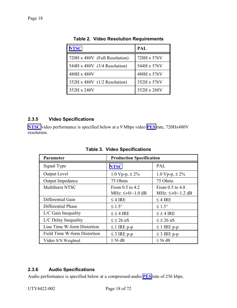 Video specifications, Audio specifications, Ideo | Pecifications, Udio, Able, Esolution, Equirements | Wegener Communications 4422 User Manual | Page 18 / 72