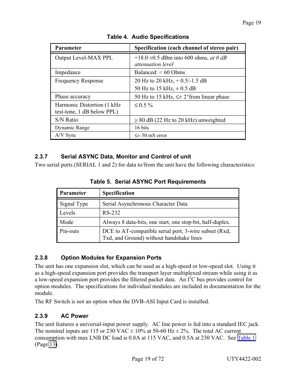 Serial async data, monitor and control of unit, Option modules for expansion ports, Ac power | Erial, Async d, Onitor and, Ontrol of unit, Ption, Odules for, Xpansion | Wegener Communications 4422 User Manual | Page 19 / 72