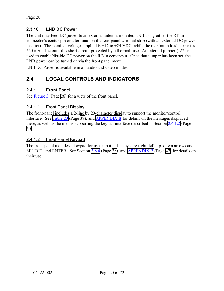 Lnb dc power, Local controls and indicators, Front panel | Front panel display, Front panel keypad, 10 lnb dc p, Ower, 4 local controls and indicators, Ront, Anel | Wegener Communications 4422 User Manual | Page 20 / 72