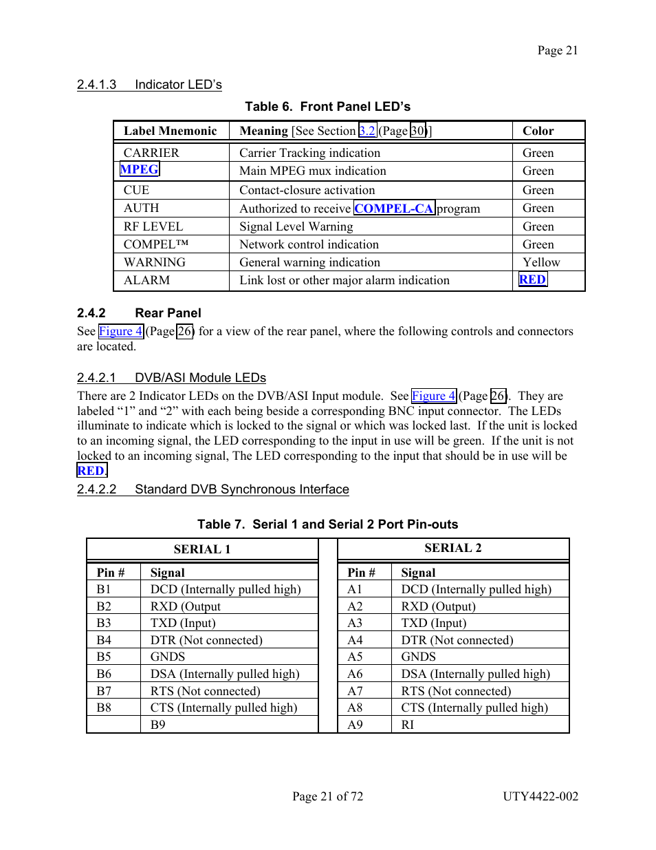 Indicator led’s, Rear panel, Dvb/asi module leds | Standard dvb synchronous interface, 3 indicator led’s, Anel, Able, Ront, Erial, Outs | Wegener Communications 4422 User Manual | Page 21 / 72