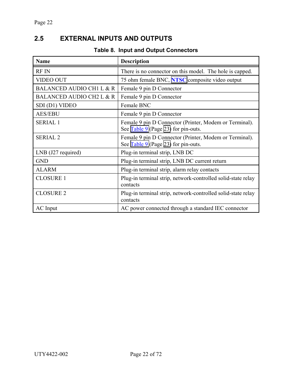 External inputs and outputs, 5 external inputs and outputs, Able | Nput and, Utput, Onnectors | Wegener Communications 4422 User Manual | Page 22 / 72