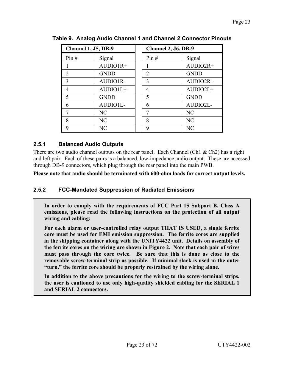 Balanced audio outputs, Fcc-mandated suppression of radiated emissions, Alanced | Udio, Utputs, 2 fcc-m, Andated, Uppression of, Adiated, Missions | Wegener Communications 4422 User Manual | Page 23 / 72