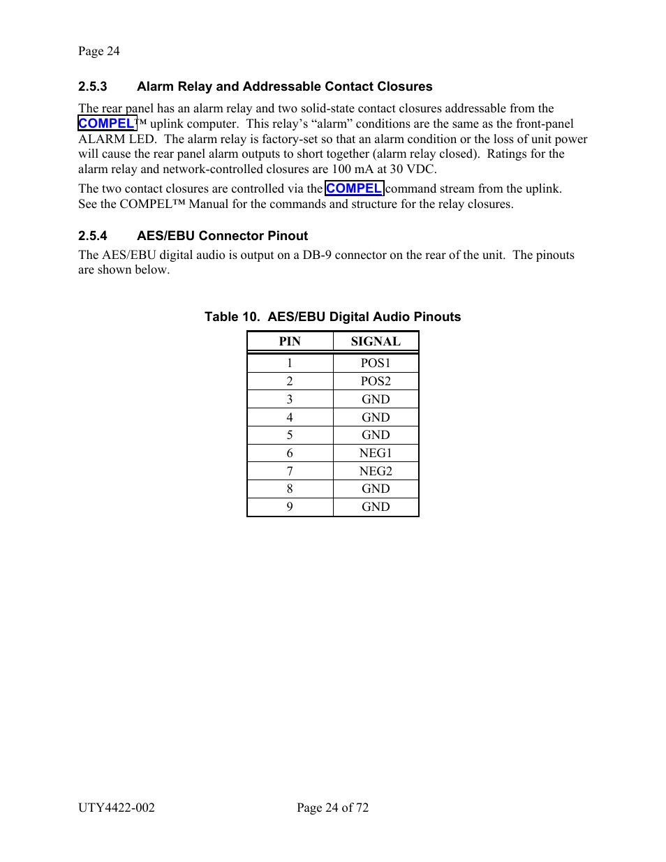 Aes/ebu connector pinout, Larm, Elay and | Ddressable, Ontact, Losures, 4 aes/ebu c, Onnector, Inout, Able | Wegener Communications 4422 User Manual | Page 24 / 72