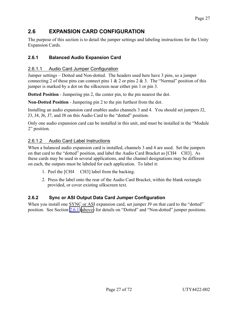Expansion card configuration, Balanced audio expansion card, Audio card jumper configuration | Audio card label instructions, Sync or asi output data card jumper configuration, 6 expansion card configuration, Alanced, Udio, Xpansion, Ync or | Wegener Communications 4422 User Manual | Page 27 / 72