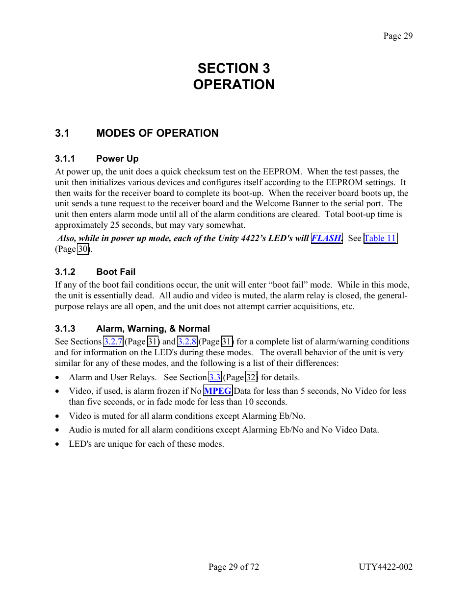 Modes of operation, Power up, Boot fail | Alarm, warning, & normal, Section 3 operation, 1 modes of operation, Ower, Larm, Arning, Ormal | Wegener Communications 4422 User Manual | Page 29 / 72