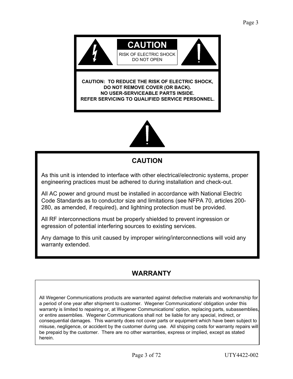 Caution | Wegener Communications 4422 User Manual | Page 3 / 72