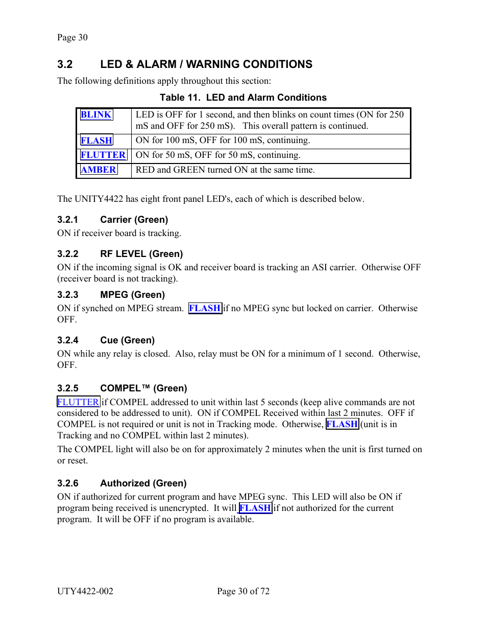 Led & alarm / warning conditions, Carrier (green), Rf level (green) | Mpeg (green), Cue (green), Compel™ (green), Authorized (green), 2 led & alarm / warning conditions, Arrier, Reen | Wegener Communications 4422 User Manual | Page 30 / 72