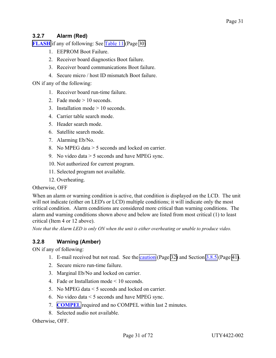 Alarm (red), Warning (amber), Larm | Arning, Mber | Wegener Communications 4422 User Manual | Page 31 / 72