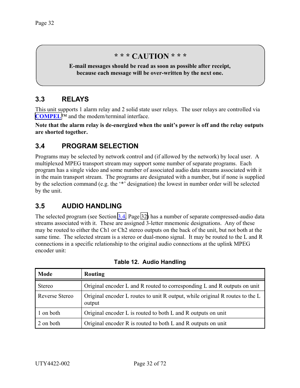 Relays, Program selection, Audio handling | 3 relays 3.4 program selection 3.5 audio handling, Able, Udio, Andling, Il received but not read. see the, Caution | Wegener Communications 4422 User Manual | Page 32 / 72