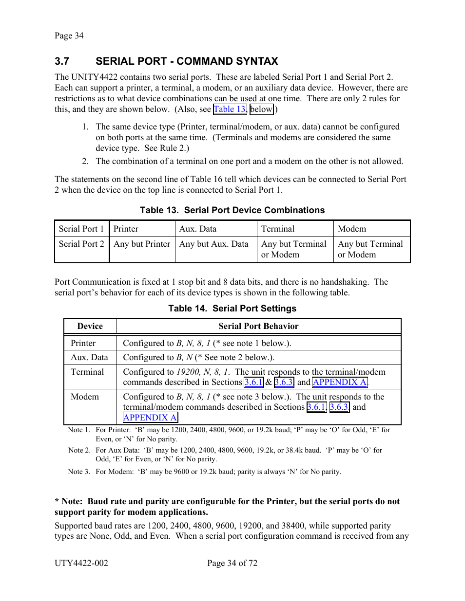 Serial port - command syntax, 7 serial port - command syntax, Able | Erial, Evice, Ombinations, Ettings | Wegener Communications 4422 User Manual | Page 34 / 72