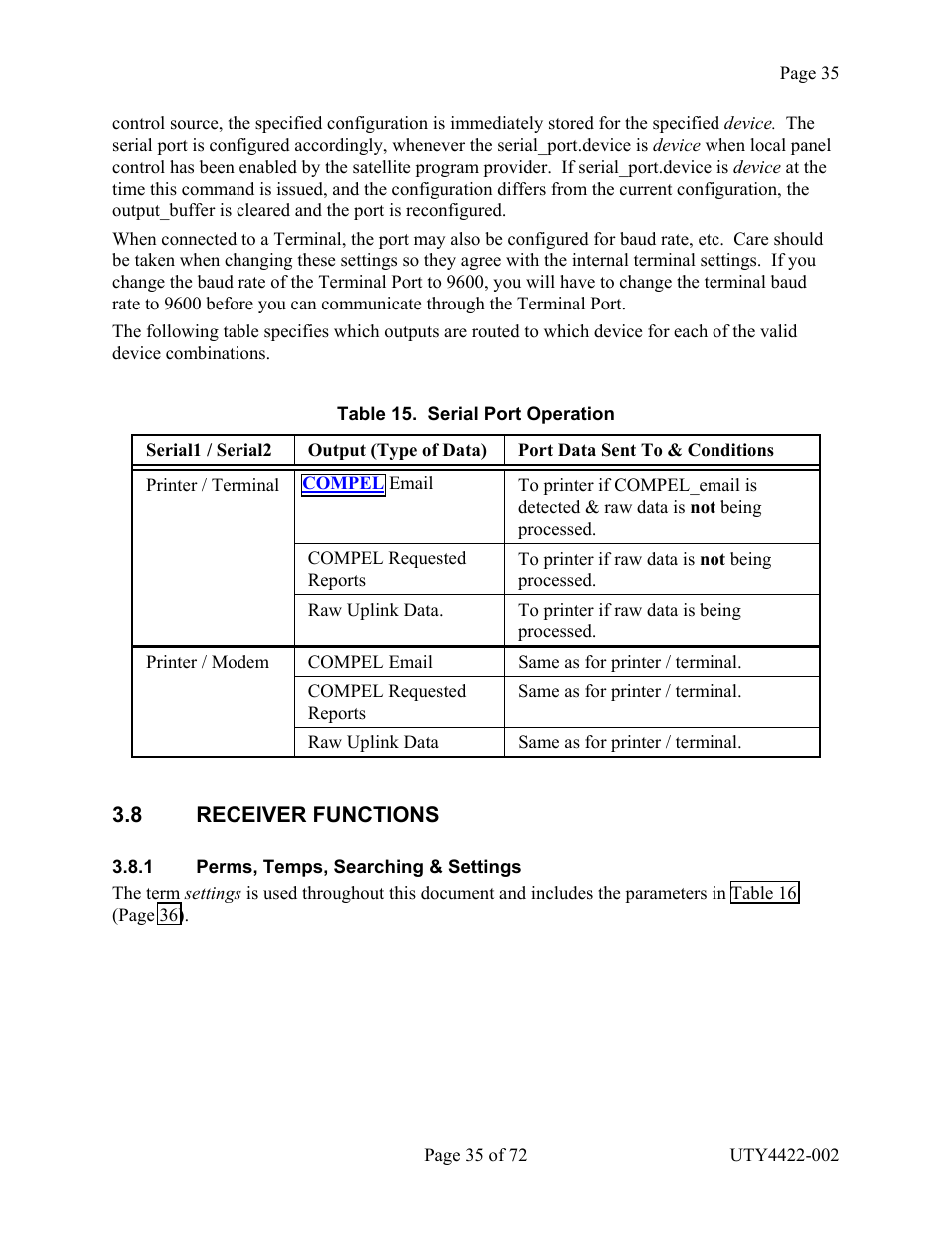 Receiver functions, Perms, temps, searching & settings, 8 receiver functions | Erms, Emps, Earching, Ettings, Able, Erial, Peration | Wegener Communications 4422 User Manual | Page 35 / 72